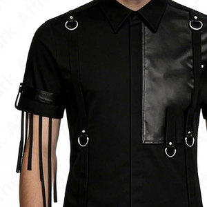 <b>Men's</b> Black Gothic Punk Shirt Short Sleeve Button Down D-Ring Fringed Sleeves Faux Leather Panel Factory Supplies - Product Image 4