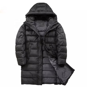 Manteau long à capuche pour homme, noir, décontracté, en polyester, avec poches, logo sur le devant, fermeture éclair, parka - Product Image 4