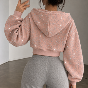 Sweat-shirt zippé vintage de luxe en coton tricoté pour femme, style streetwear, entièrement orné de strass, coupe courte, vente en gros, fournisseur de mode - Product Image 3