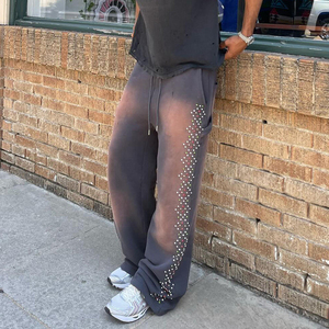 Pantalon de survêtement ample pour homme, durable, délavé, teint, vintage, orné de strass, de cristaux et de diamants scintillants, avec transfert thermique - Product Image 3