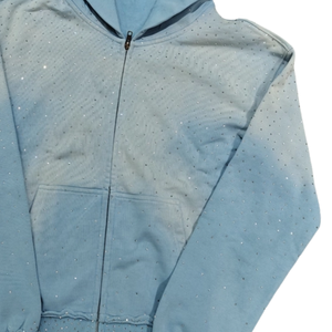 Sudadera con capucha unisex azul claro con cremallera y pedrería de cristal, OEM, de lujo, brillante, estilo urbano, con efecto descolorido por el sol, 100% algodón - Product Image 6