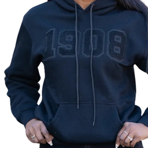 Sweat à capuche unisexe All Black 1908 avec broderie chenille lettres grecques, pull premium streetwear confortable - Product Image 5