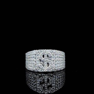 925 <b>Silver</b> Moissanite Dollar Sign <b>Ring</b> Iced Hip Hop Band Custom Size for <b>Men</b> Women - Product Image 2