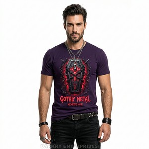 Camiseta gótica morada de metal para hombre, con gráfico de ataúd y cadena Memento Mori, estilo banda personalizado, streetwear, tops de heavy metal para skater - Product Image 1