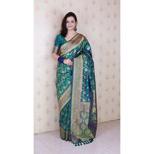 ผ้าซิ่นไหมพรมสีเขียวลายบาเนราซี แบรนด์อีลิท วีฟส์  ผ้าไหมเนื้อนุ่ม ประดับด้วยดิ้นทอง  มีนาคารี  งานฝีมือสุดหรูจากอินเดีย น้ำหนัก 650 กรัม - Product Image 6