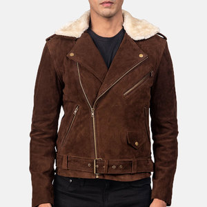 <b>Men's</b> Brown <b>Suede</b> Motorcycle <b>Jacket</b> With Faux Fur Lining Zipper Closure Winter Moto Biker Style Slim Fit - Product Image 5