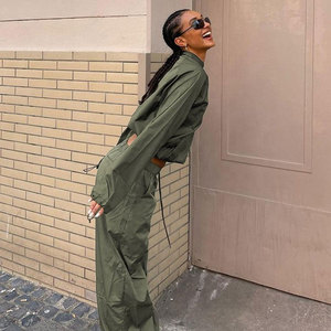 Women's Olive Green Safari <b>Jacket</b> Set Oversized Long Sleeve Stand Collar Elastic Waist Pants With Pockets All Seasons Breathable - Product Image 6