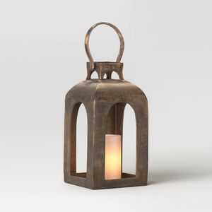Antique Bronze Metal Lantern <b>Candle</b> Rustic Industrial <b>Hurricane</b> <b>Candle</b> Holder Vintage Decorative Lantern for Indoor & Outdoor - Product Image 1