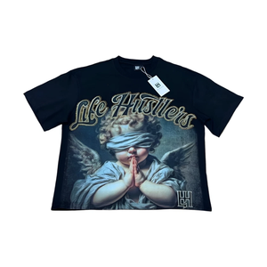 Camiseta Negra para Hombre Mind Creation con Estampado de Ángel de Dibujos Animados, Diseño con Brillantina y Pedrería, Manga Corta, Cuello Redondo, Estilo Urbano - Product Image 2