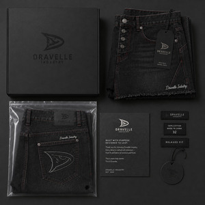 Men’s Baggy Denim Jorts Raw Black Y2K Streetwear Shorts with Red Contrast Stitching, Logo Embroidery & Frayed Hem - Product Image 6