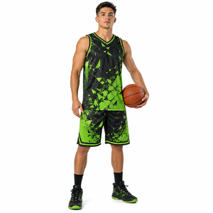 Ensemble de maillot de basket-ball unisexe noir et vert géométrique sublimé, col en V, sans manches, respirant, uniforme sportif printemps-automne - Product Image 1