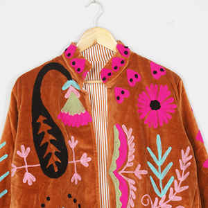 Women Velvet Embroidered <b>Jacket</b> Mandarin Collar Lantern Sleeve Floral Boho Style Autumn Coat Handmade Suzani <b>Pattern</b> - Product Image 2