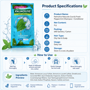 Shampooing Palmolive Naturals Cool & Fresh à la menthe poivrée 6g x 640 sachets |   Contrôle du sébum et rafraîchissement du cuir chevelu 2-en-1 - Product Image 4