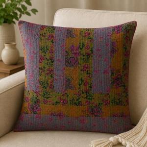 Handmade Cotton Cushion Cover Indian Kantha Floral Print Pillowcase Boho Sofa <b>Decor</b> <b>Pillow</b> Decorative - Product Image 3