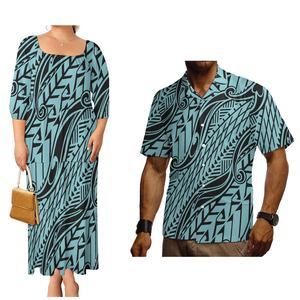 Robe à volants élégante et confortable pour femme avec imprimé tribal polynésien personnalisé, assortie à des chemises Aloha bleu clair pour homme, ensemble polynésien pour couple - Product Image 4