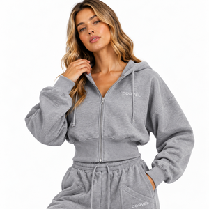 Brand Customization Grey Panel Cropped <b>Zip</b> <b>Hoodies</b> Full Zipper Women's Tracksuit Heavy Fleece Utility <b>Pocket</b> Wide Jogging Outfit - Product Image 3