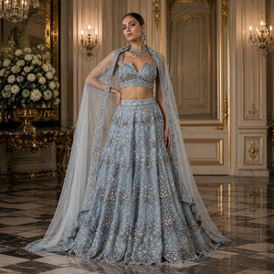 Conjunto de Lehenga Choli Bordado en Azul Cielo de Lujo |   Lehenga de Diseñador para Bodas y Fiestas con Dupatta para Mujer, Ropa Étnica - Product Image 2