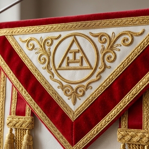 Badge maçonnique personnalisé en velours blanc et rouge, style classique, à coudre, avec pompon à franges dorées brodé en 3D et épingle de sûreté - Product Image 3