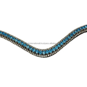 Bande de front de cheval en cuir sur mesure à vague profonde noire ou marron avec strass de luxe Aqua et cristaux clairs bande de front de chaîne en métal - Product Image 1