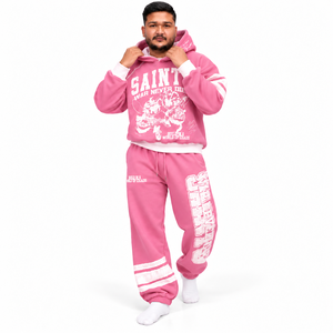 Ensemble survêtement rose personnalisé avec sweat à capuche et pantalon de jogging pour homme, imprimé sérigraphié, style streetwear, REXFITSPORTS, vêtements en gros OEM - Product Image 3