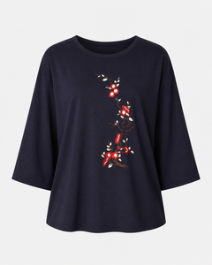 Chemisier brodé bleu marine pour femme, coupe ample, manches 3/4, col rond, motif floral, style décontracté, haut musulman, vente en gros - Product Image 1