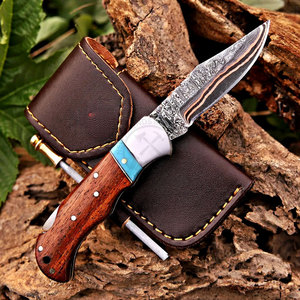 Personalized Copper Damascus Hunting Knife Wood Handle Drop Point Blade Straight Edge Folding Knife With Leather Sheath - Product Image 4