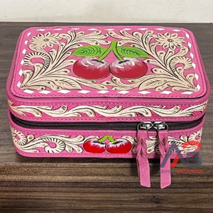 Hot Selling Pink <b>Tooled</b> Leather Vintage Style Floral Cherry Pattern Jewelry <b>Cases</b> Genuine Leather Ring Necklace Travel Organizer - Product Image 1