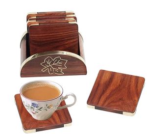 Handmade Wooden Coaster <b>Set</b> with Holder Brass Inlay <b>Square</b> Drink Coasters Rustic Table Decor Gift <b>Set</b> of 6 - Product Image 1