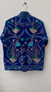 Royal Blue Velvet Suzani Hand-Embroidered Kashmiri Winter Jacket Artisanal Floral Breathable Eco-Friendly Long Sleeve <b>Quilted</b> - Product Image 3