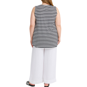 Camiseta sin mangas para mujer talla grande, camiseta a rayas negra con cuello redondo, tela de mezcla de algodón natural, a rayas - Product Image 2