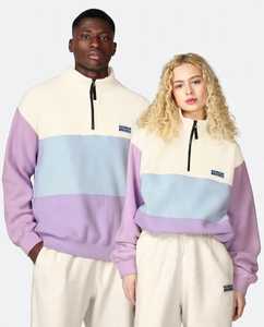 <b>Women's</b> Pastel Solid Color Blocked Hooded Quarter Zip <b>Fleece</b> Sweatshirt Pullover Long Sleeve 300g Hip Length - Product Image 1