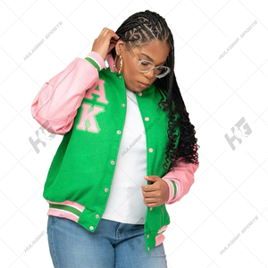 Kapa Unisex Letterman Varsity <b>Jacket</b> Green Wool Body Pink Front Logo Breathable Quick Dry Winter V-neck Single Button 100% - Product Image 3