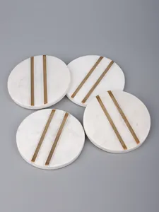 Posavasos de mármol blanco ecológicos al por mayor con incrustaciones de latón de lujo, juego de 4 posavasos redondos de piedra natural hechos a mano para café - Product Image 4