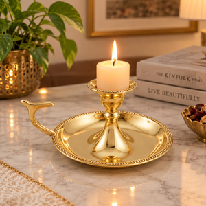 Porte-bougie décoratif en laiton avec plateau rond, fait main, support de bougie de table, décoration intérieure vintage indienne - Product Image 3