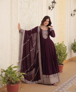 Collections de robes Anarkali en tissu Faux Blooming, très tendance, pour mariages et festivals indiens et pakistanais, avec de riches broderies. - Product Image 1
