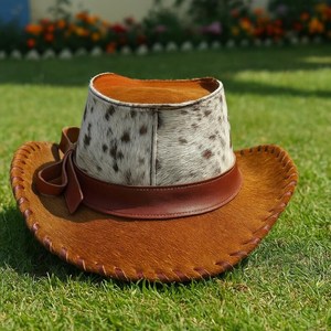 Chapeau de cowboy en similicuir de vachette unisexe marron et blanc, style western rancher avec bande en ruban, pour l'extérieur, printemps-été, style décontracté - Product Image 5
