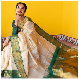 CRÉATEUR BANARASI SOIE ZARI TRAVAIL SAREE AVEC BLOUSE INCOUSÉE BLANC - Product Image 1
