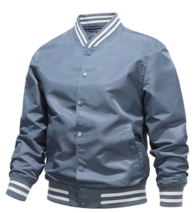 Chaqueta Varsity Azul para Hombre, Color Sólido, Cierre de Botones, Cuello Alto, Estilo Casual para Otoño, Corte Regular, Material de Poliéster - Product Image 1