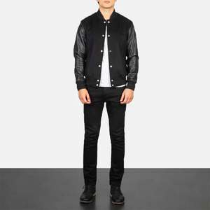 <b>Men's</b> Black PU <b>Leather</b> Varsity <b>Jacket</b> Stand Collar Button Closure Casual Autumn Wear - Product Image 4