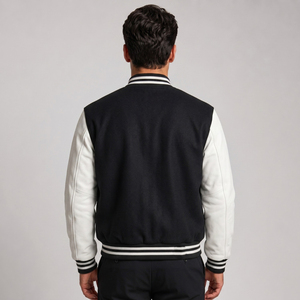 Men's Black <b>White</b> Varsity <b>Jacket</b> With Embroidered M Letter Preppy Style Regular Fit Autumn Wear Turn-down Collar - Product Image 2