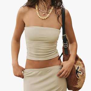 Conjunto de 2 Piezas para Mujer, Top Tubo sin Tirantes y Falda Larga, Color Sólido, Casual, Primavera Verano, Tejido de Punto, Spandex y Algodón - Product Image 4