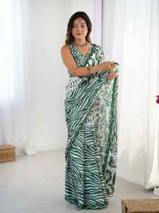 Sari traditionnel indien en Chinnon pour festivals et soirées, avec blouse non cousue, travail miroir, séchage rapide, toutes saisons, pour femmes - Product Image 2