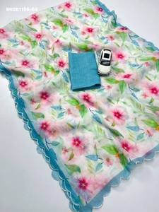 Ensemble Saree-Blouse en Lin de Qualité Supérieure avec Impression Numérique et Bordure Découpée, Design Moderne – Achetez en Ligne en Inde - Product Image 3