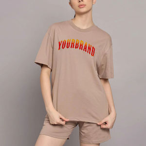 OEM/ODM 100% Cotton Women's 2-Piece Solid Fleece T-Shirt & Biker Shorts <b>Set</b> with Custom 3D Screen Printed Logo Short <b>Set</b> - Product Image 1