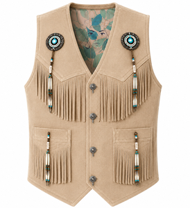 Chaleco de Cuero de Gamuza Estilo Vaquero Occidental para Hombre con Flecos y Detalles con Cuentas |   Fabricante OEM Personalizado, Suministro de Fábrica - Product Image 1