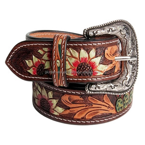 Ceinture en cuir western entièrement grainé, sculptée à la main, avec motifs floraux en relief, colorée, unisexe, style western, ceinture en cuir travaillé - Product Image 3