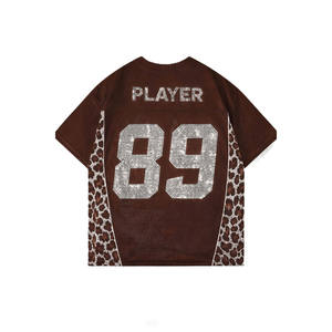 Maillot de football américain surdimensionné pour femme avec strass et numéros, style streetwear hip-hop, empiècements léopard, OEM - Product Image 5