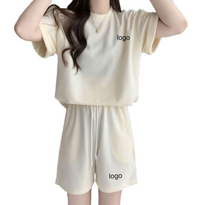 Ensemble court pour femme de haute qualité, coupe classique, brodé, 100 % coton, t-shirt et short, idéal pour la course et le jogging, deux pièces - Product Image 3