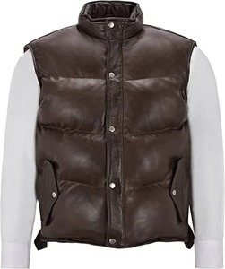 Men Chocolate Brown <b>Quilted</b> Puffer Genuine Leather Vest <b>Winter</b> Waistcoat - Product Image 1