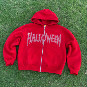Sweat-shirt à capuche zippé rouge surdimensionné personnalisé pour homme avec logo en strass, style streetwear épais, décontracté, hip-hop - Product Image 6